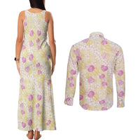 Anthurium Plumeria Lei Pastel Couples Matching Tank Maxi Dress and Long Sleeve Button Shirt Yellow Hawaiian Splendid Palaka