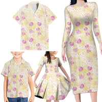 Anthurium Plumeria Lei Pastel Family Matching Long Sleeve Bodycon Dress and Hawaiian Shirt Yellow Hawaiian Splendid Palaka LT01 - Polynesian Pride
