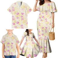 Anthurium Plumeria Lei Pastel Family Matching Mermaid Dress and Hawaiian Shirt Yellow Hawaiian Splendid Palaka LT01 - Polynesian Pride
