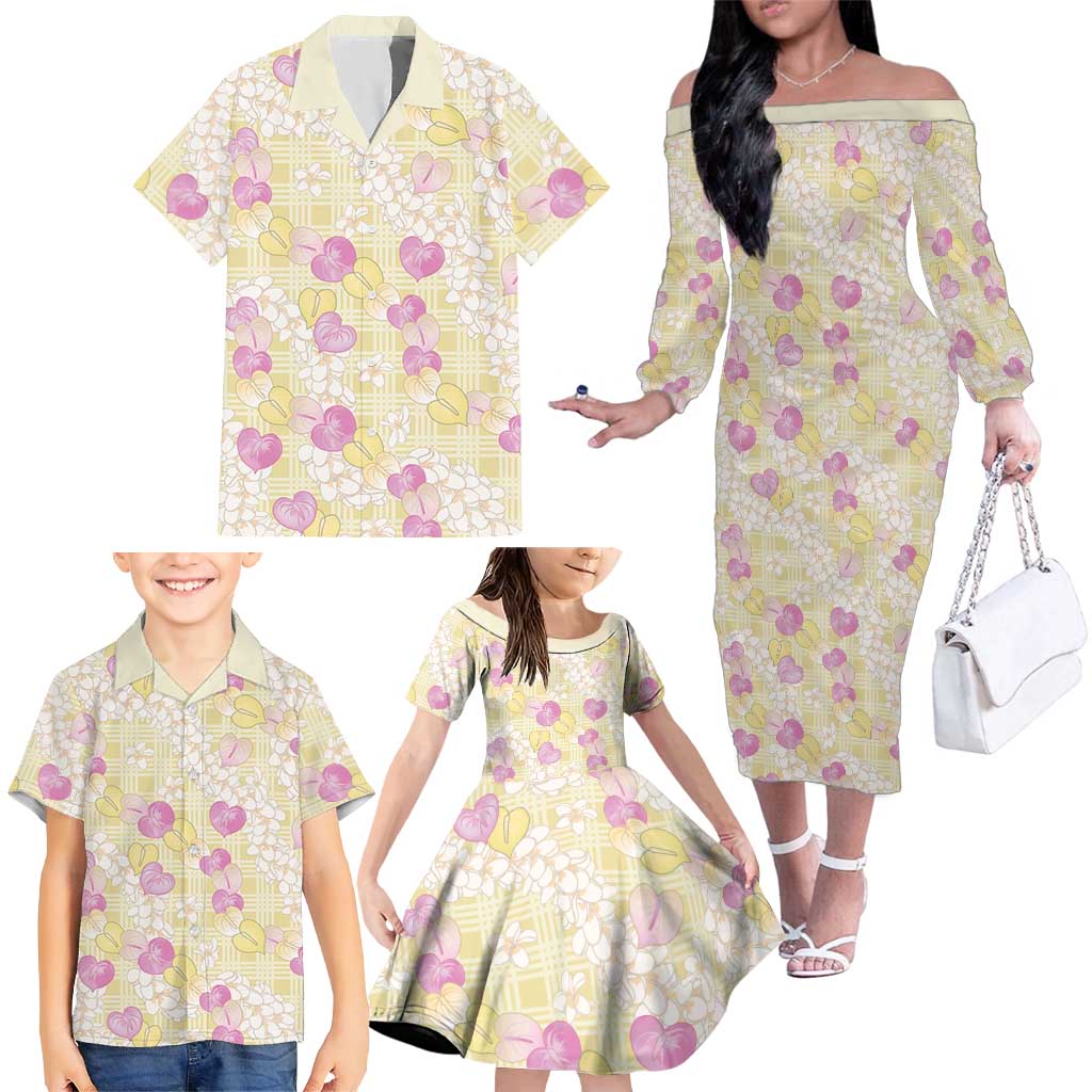 Anthurium Plumeria Lei Pastel Family Matching Off The Shoulder Long Sleeve Dress and Hawaiian Shirt Yellow Hawaiian Splendid Palaka LT01 - Polynesian Pride