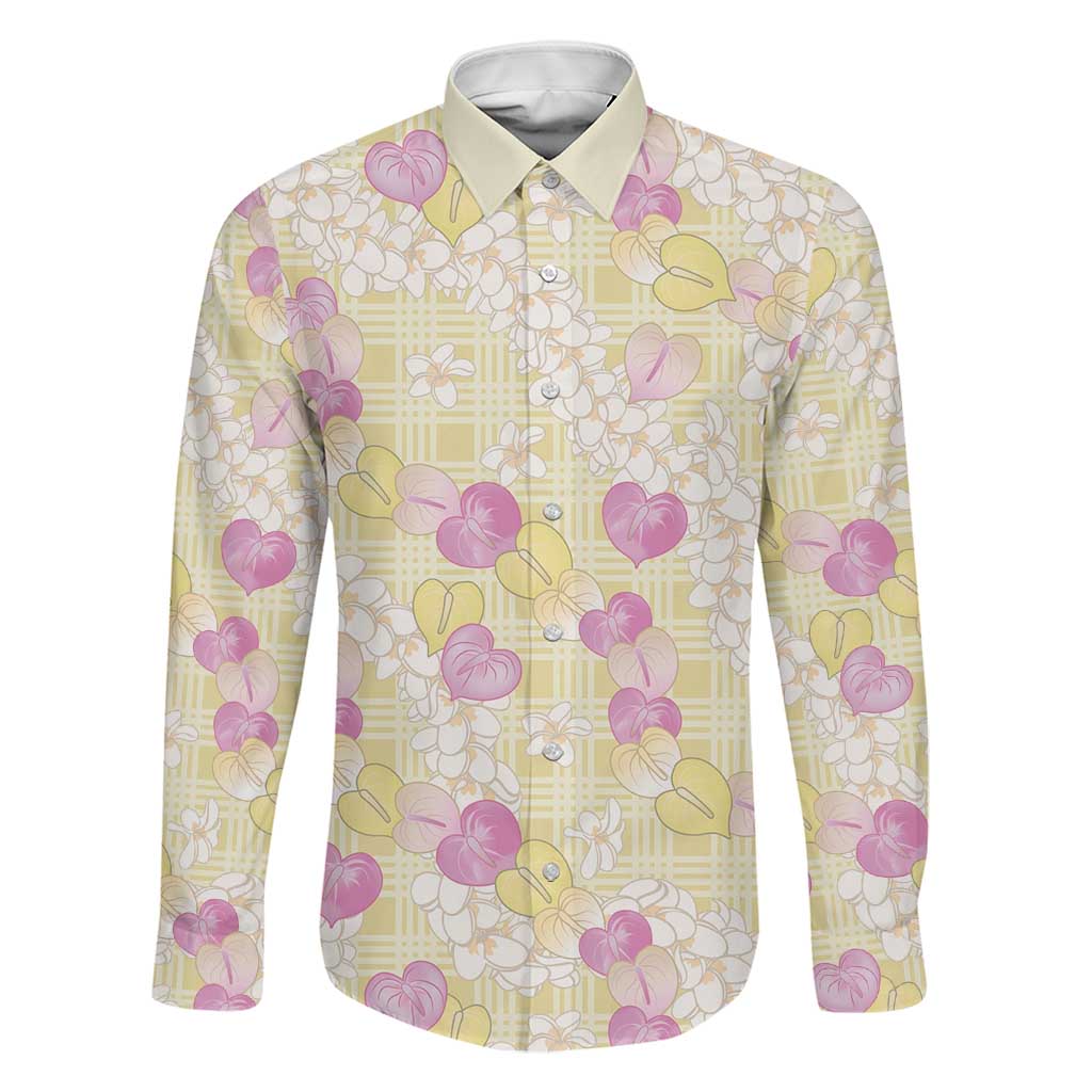 Anthurium Plumeria Lei Pastel Family Matching Off The Shoulder Long Sleeve Dress and Hawaiian Shirt Yellow Hawaiian Splendid Palaka LT01 Dad's Shirt - Long Sleeve Yellow - Polynesian Pride