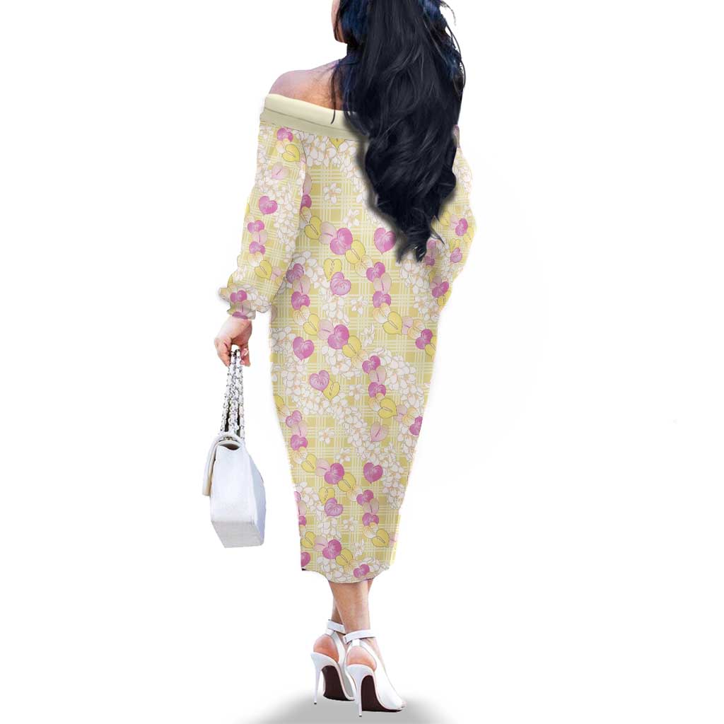 Anthurium Plumeria Lei Pastel Family Matching Off The Shoulder Long Sleeve Dress and Hawaiian Shirt Yellow Hawaiian Splendid Palaka LT01 - Polynesian Pride