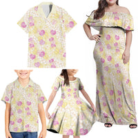 Anthurium Plumeria Lei Pastel Family Matching Off Shoulder Maxi Dress and Hawaiian Shirt Yellow Hawaiian Splendid Palaka LT01 - Polynesian Pride