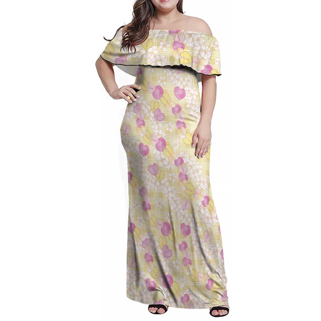 Anthurium Plumeria Lei Pastel Family Matching Off Shoulder Maxi Dress and Hawaiian Shirt Yellow Hawaiian Splendid Palaka LT01 Mom's Dress Yellow - Polynesian Pride