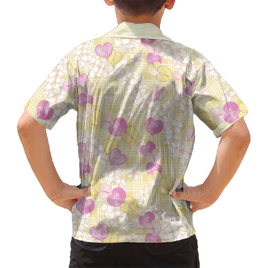 Anthurium Plumeria Lei Pastel Family Matching Off Shoulder Short Dress and Hawaiian Shirt Yellow Hawaiian Splendid Palaka LT01 - Polynesian Pride