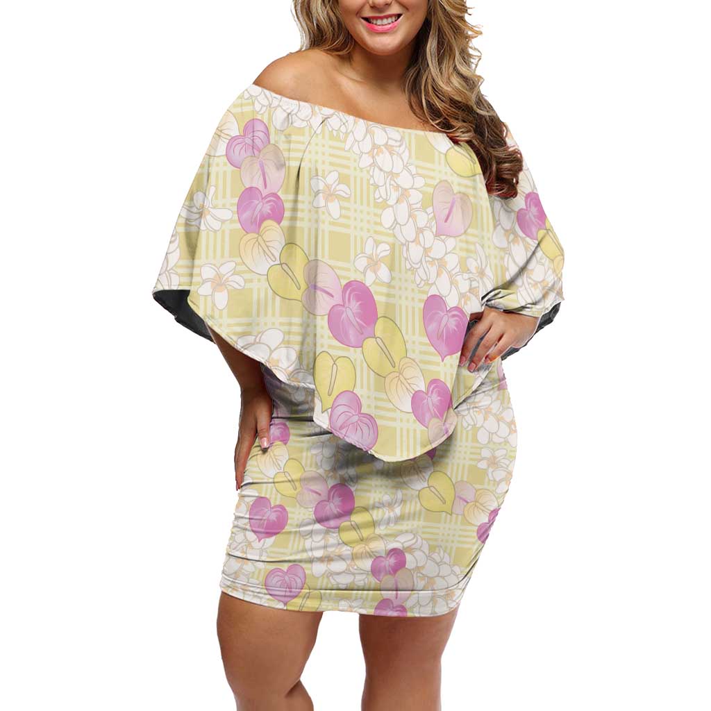 Anthurium Plumeria Lei Pastel Family Matching Off Shoulder Short Dress and Hawaiian Shirt Yellow Hawaiian Splendid Palaka LT01 Mom's Dress Yellow - Polynesian Pride