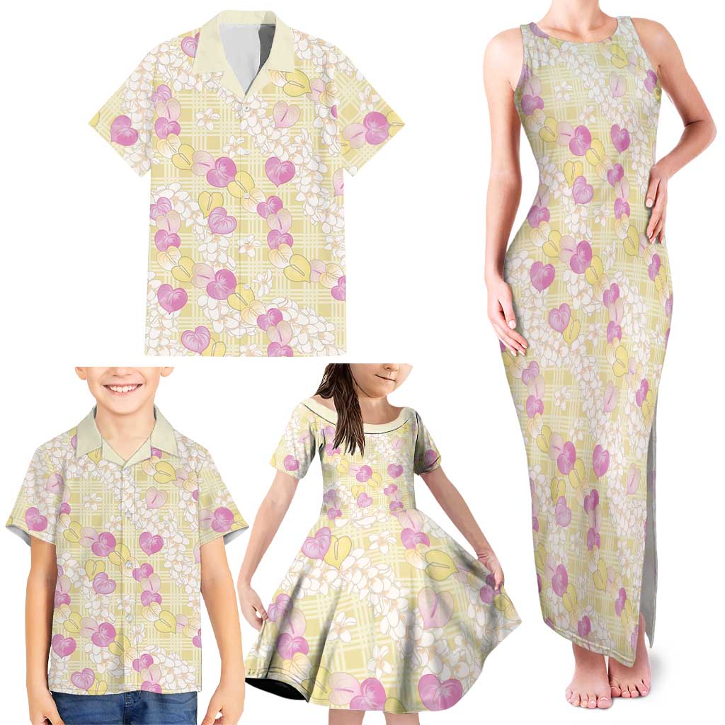 Anthurium Plumeria Lei Pastel Family Matching Tank Maxi Dress and Hawaiian Shirt Yellow Hawaiian Splendid Palaka LT01 - Polynesian Pride