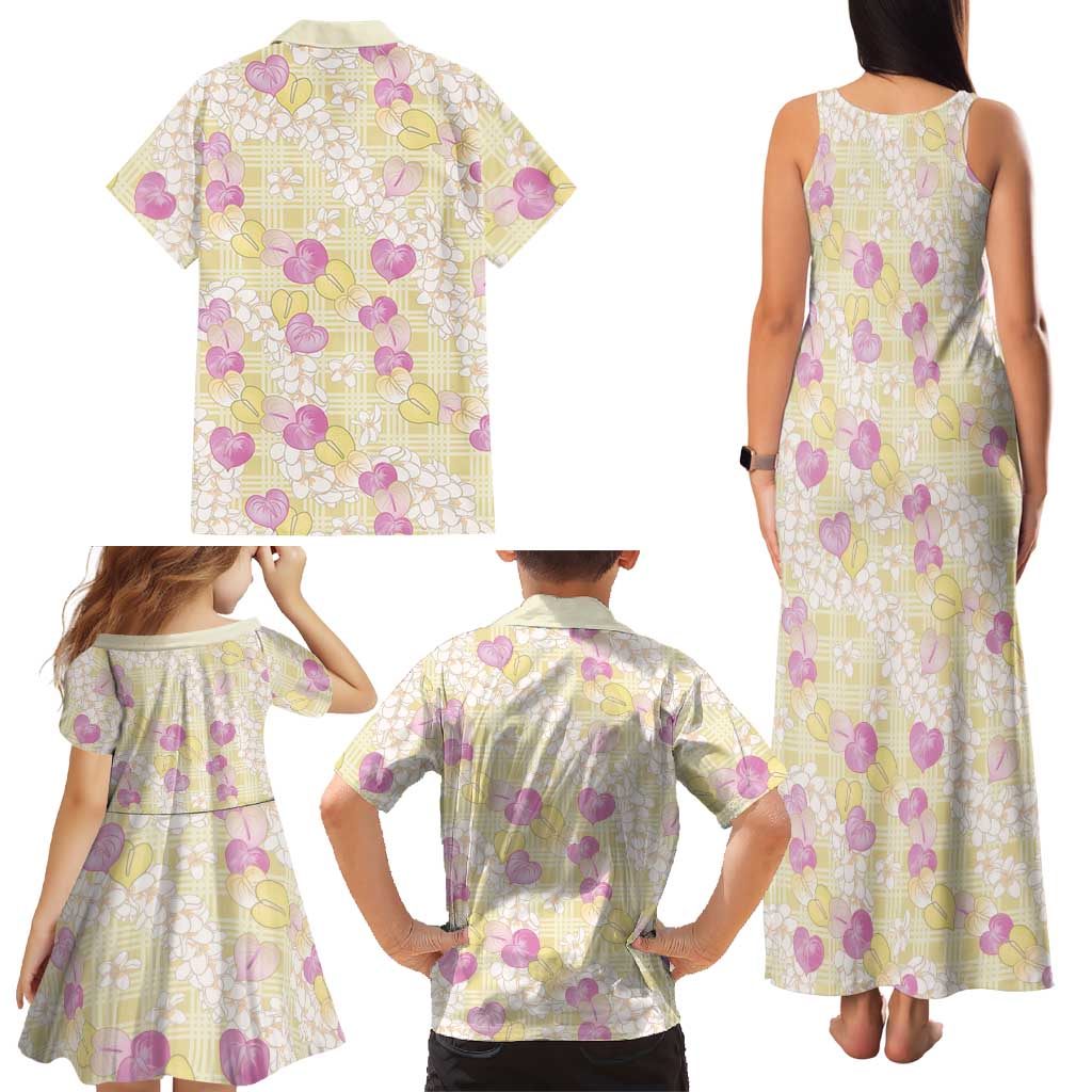 Anthurium Plumeria Lei Pastel Family Matching Tank Maxi Dress and Hawaiian Shirt Yellow Hawaiian Splendid Palaka LT01 - Polynesian Pride