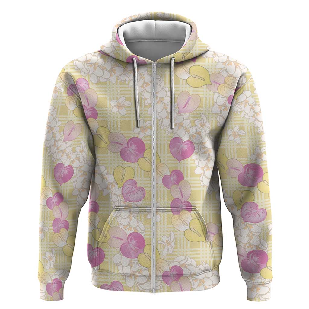 Anthurium Plumeria Lei Pastel Hoodie Yellow Hawaiian Splendid Palaka LT01 Zip Hoodie Yellow - Polynesian Pride
