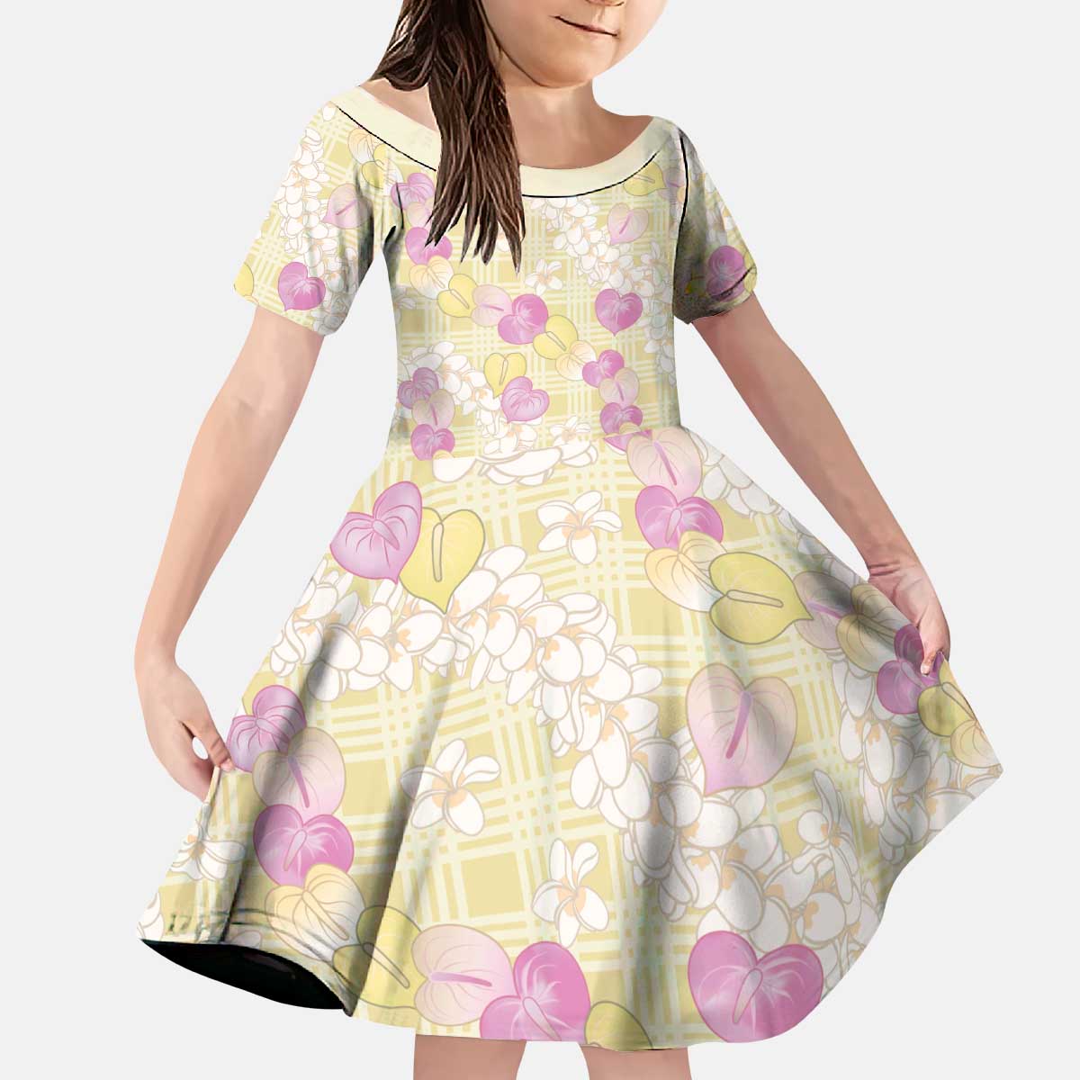 Anthurium Plumeria Lei Pastel Kid Short Sleeve Dress Yellow Hawaiian Splendid Palaka
