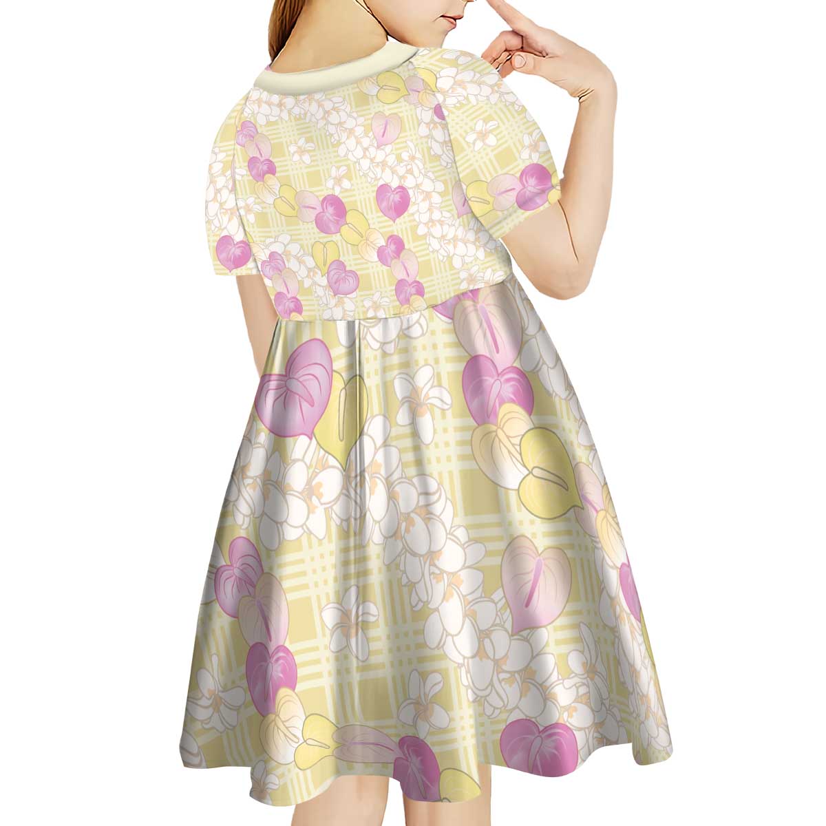 Anthurium Plumeria Lei Pastel Kid Short Sleeve Dress Yellow Hawaiian Splendid Palaka