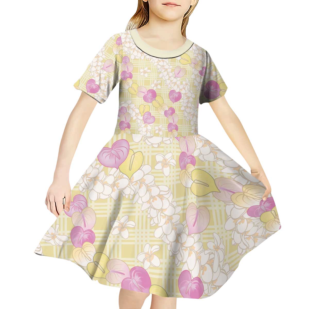 Anthurium Plumeria Lei Pastel Kid Short Sleeve Dress Yellow Hawaiian Splendid Palaka