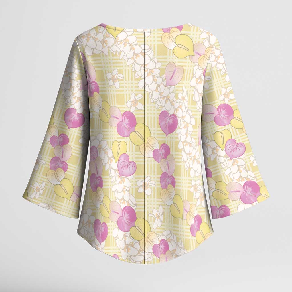 Anthurium Plumeria Lei Pastel Kimono Sleeve Blouse Yellow Hawaiian Splendid Palaka