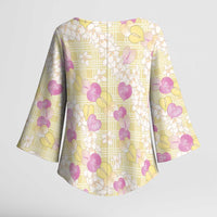 Anthurium Plumeria Lei Pastel Kimono Sleeve Blouse Yellow Hawaiian Splendid Palaka