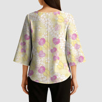 Anthurium Plumeria Lei Pastel Kimono Sleeve Blouse Yellow Hawaiian Splendid Palaka