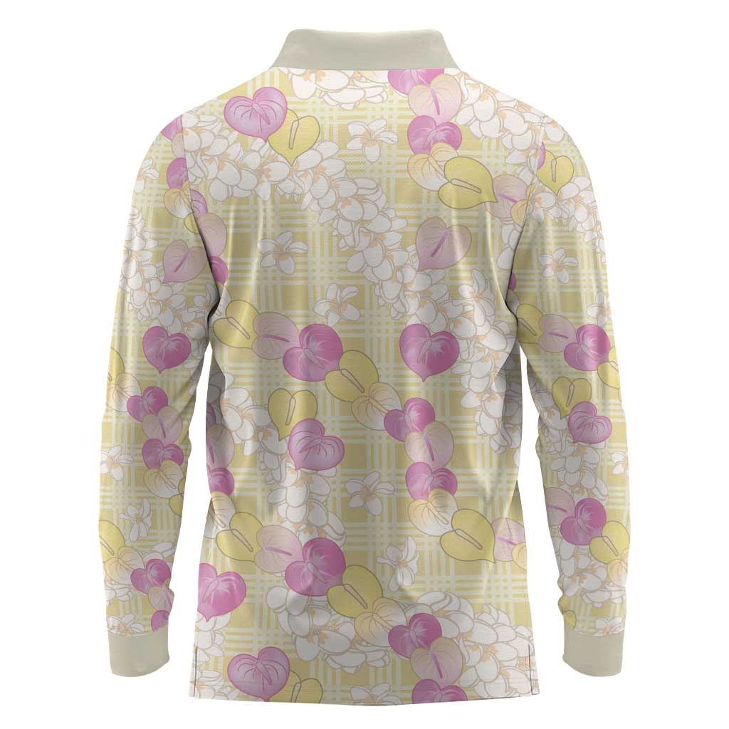 Anthurium Plumeria Lei Pastel Long Sleeve Polo Shirt Yellow Hawaiian Splendid Palaka