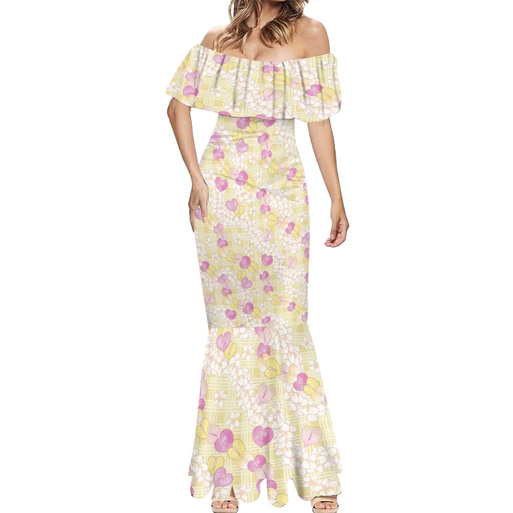 Anthurium Plumeria Lei Pastel Mermaid Dress Yellow Hawaiian Splendid Palaka