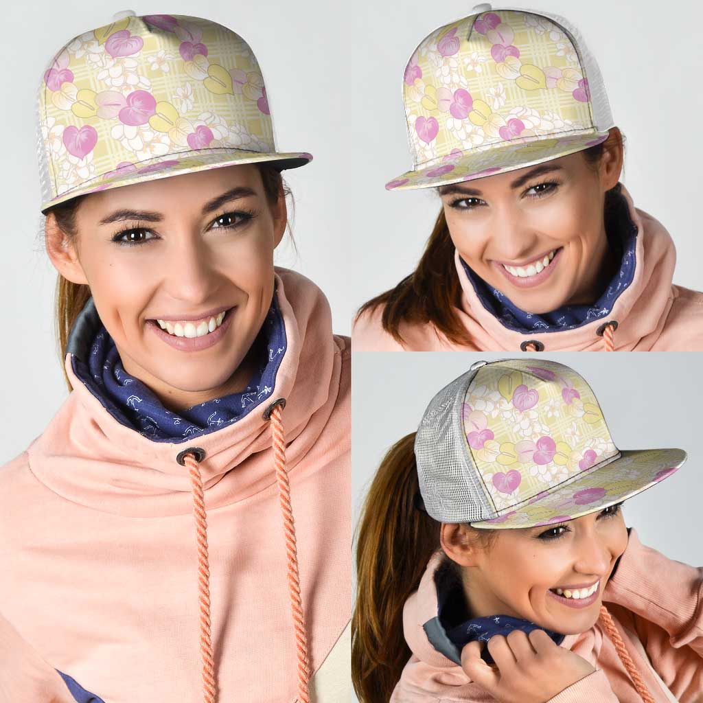 Anthurium Plumeria Lei Pastel Mesh Trucker Cap Yellow Hawaiian Splendid Palaka