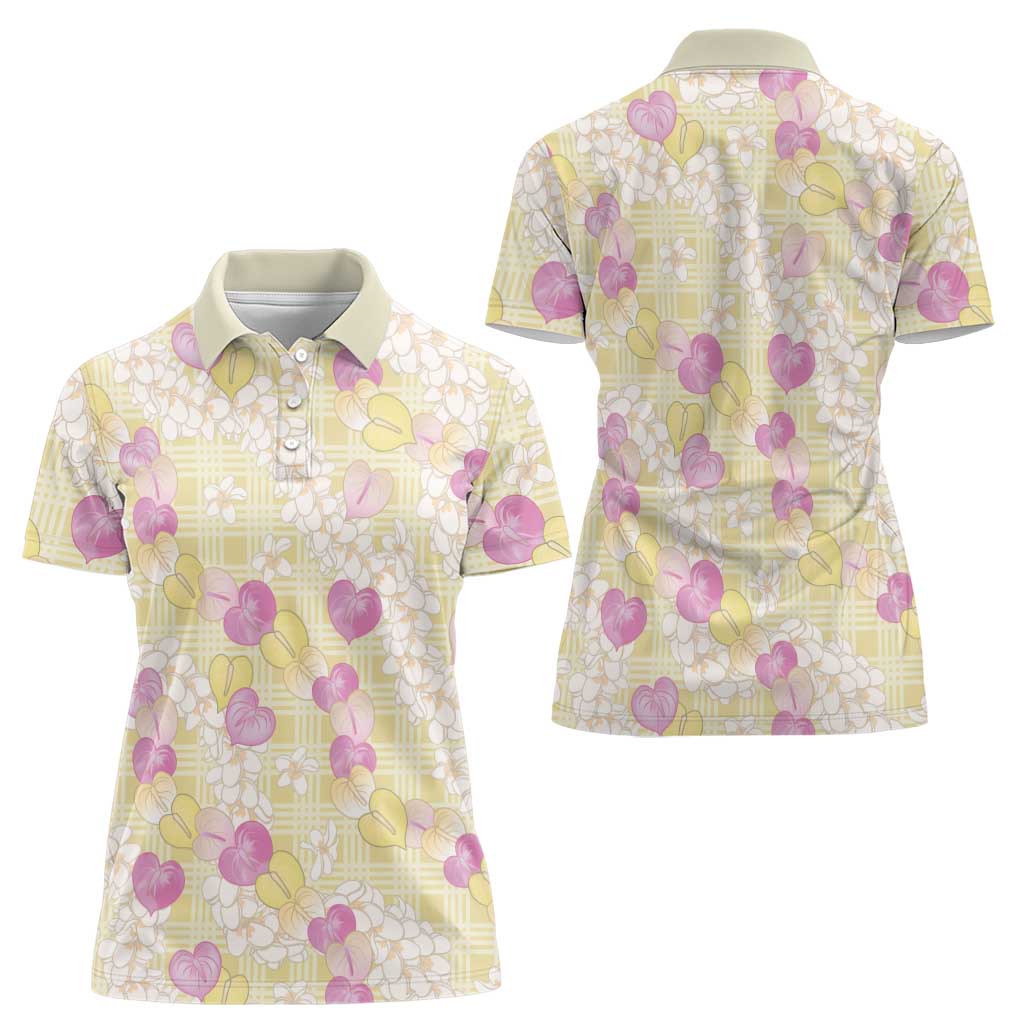 Anthurium Plumeria Lei Pastel Women Polo Shirt Yellow Hawaiian Splendid Palaka