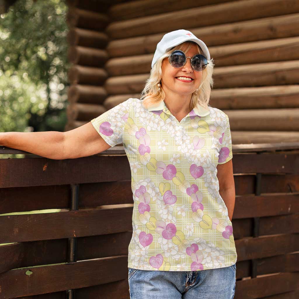 Anthurium Plumeria Lei Pastel Women Polo Shirt Yellow Hawaiian Splendid Palaka