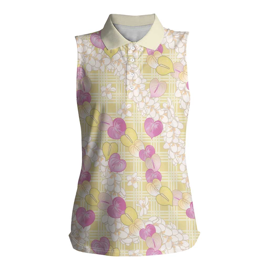 Anthurium Plumeria Lei Pastel Women Sleeveless Polo Shirt Yellow Hawaiian Splendid Palaka