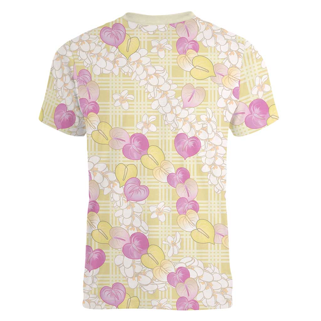 Anthurium Plumeria Lei Pastel Women V-Neck T-Shirt Yellow Hawaiian Splendid Palaka