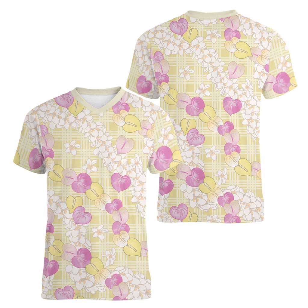 Anthurium Plumeria Lei Pastel Women V-Neck T-Shirt Yellow Hawaiian Splendid Palaka