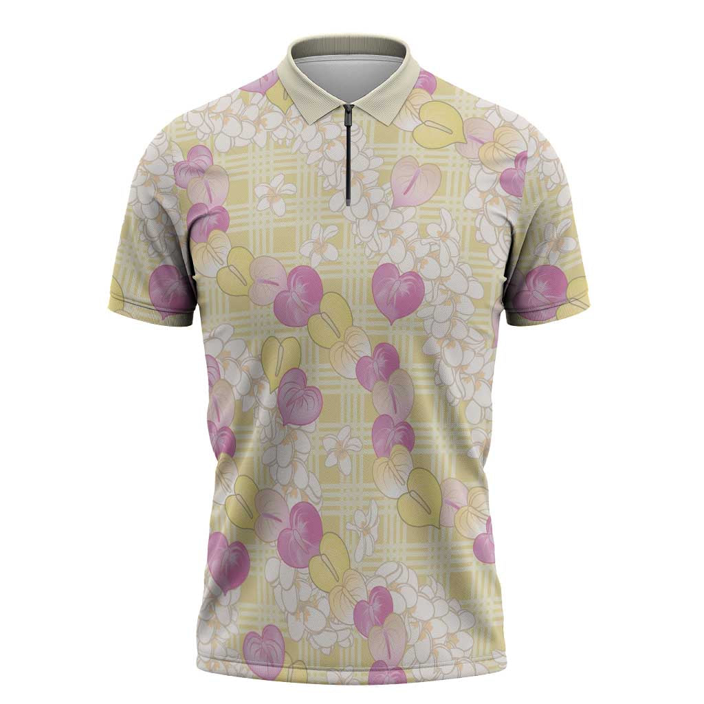 Anthurium Plumeria Lei Pastel Zipper Polo Shirt Yellow Hawaiian Splendid Palaka