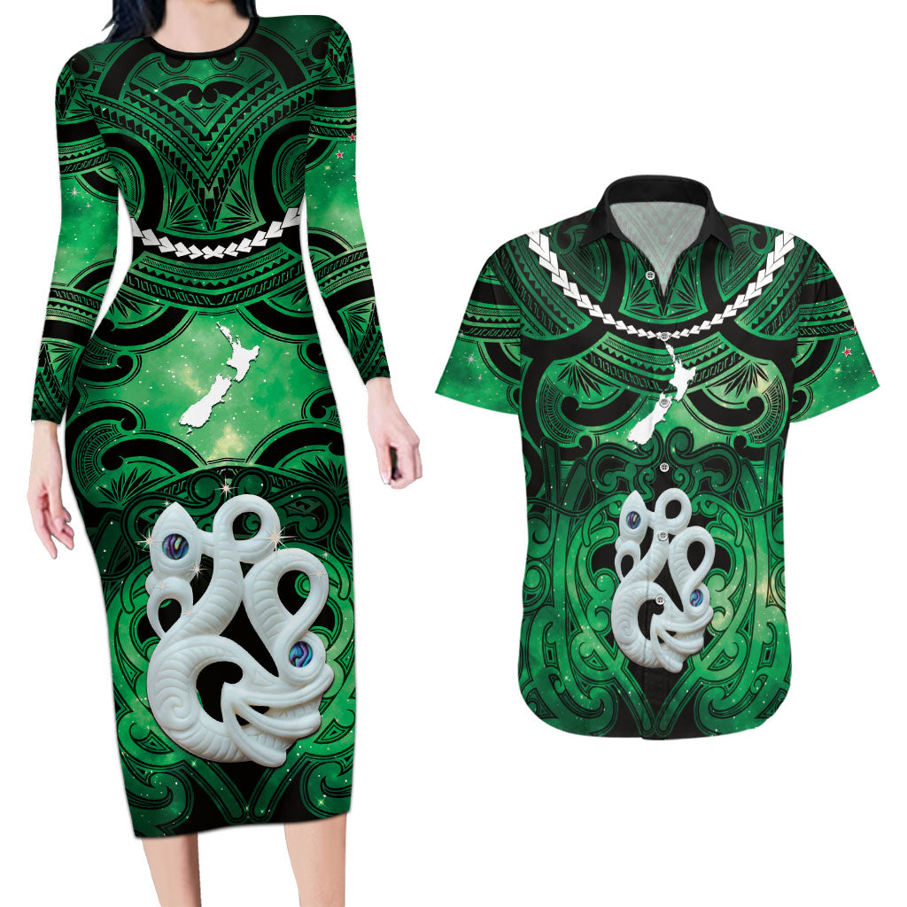 Personalised Maori Matariki Manaia Kakariki Couples Matching Long Sleeve Bodycon Dress and Hawaiian Shirt Maori Kowhaiwhai Pattern Galaxy LT01 Green - Polynesian Pride