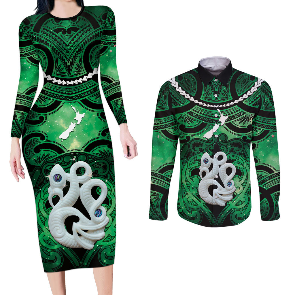 Personalised Maori Matariki Manaia Kakariki Couples Matching Long Sleeve Bodycon Dress and Long Sleeve Button Shirt Maori Kowhaiwhai Pattern Galaxy LT01 Green - Polynesian Pride