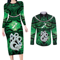 Personalised Maori Matariki Manaia Kakariki Couples Matching Long Sleeve Bodycon Dress and Long Sleeve Button Shirt Maori Kowhaiwhai Pattern Galaxy LT01 Green - Polynesian Pride