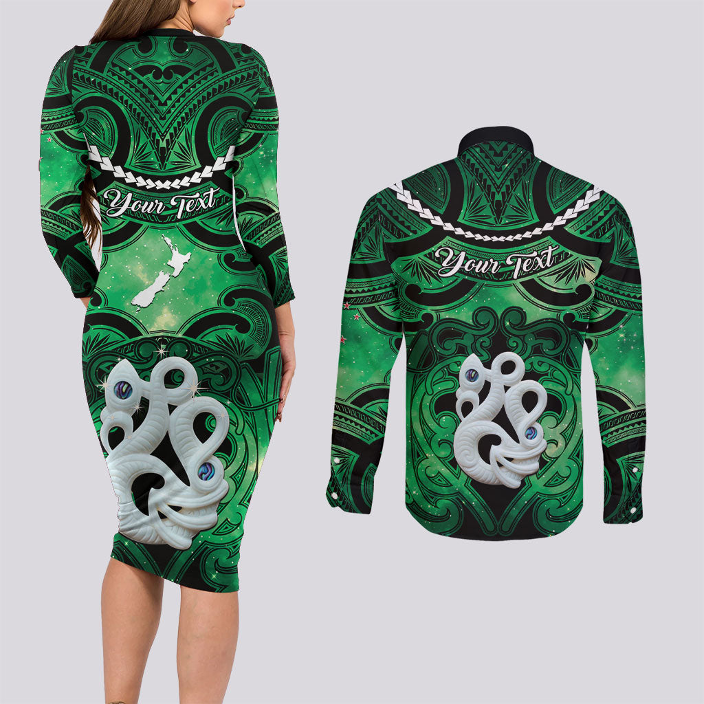 Personalised Maori Matariki Manaia Kakariki Couples Matching Long Sleeve Bodycon Dress and Long Sleeve Button Shirt Maori Kowhaiwhai Pattern Galaxy LT01 - Polynesian Pride
