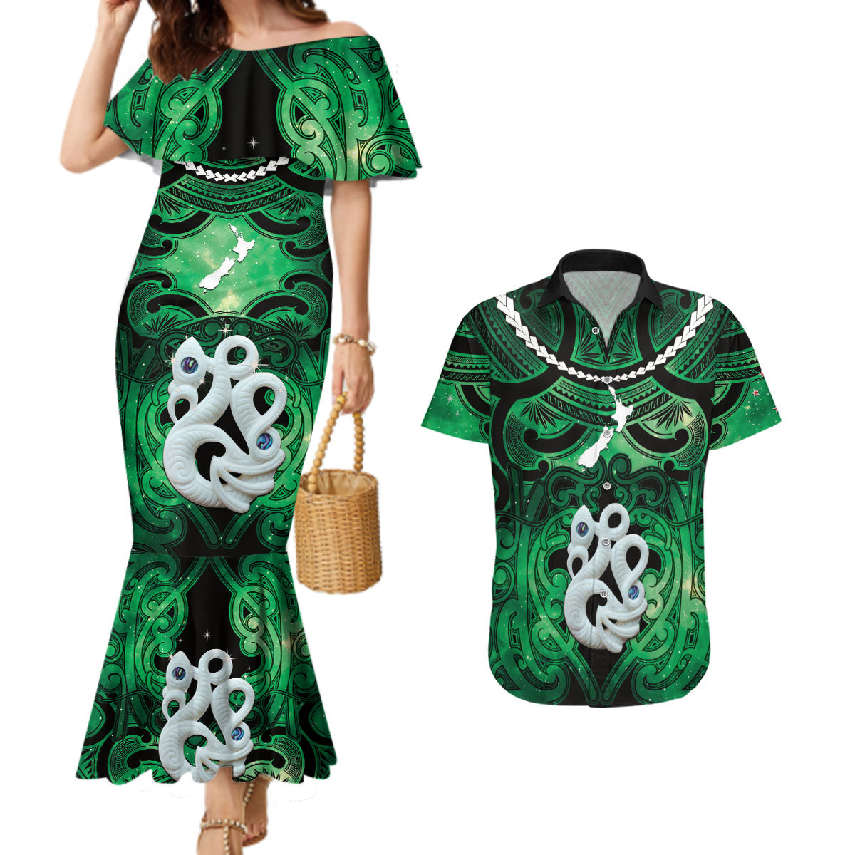 Personalised Maori Matariki Manaia Kakariki Couples Matching Mermaid Dress and Hawaiian Shirt Maori Kowhaiwhai Pattern Galaxy