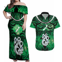 Personalised Maori Matariki Manaia Kakariki Couples Matching Off Shoulder Maxi Dress and Hawaiian Shirt Maori Kowhaiwhai Pattern Galaxy
