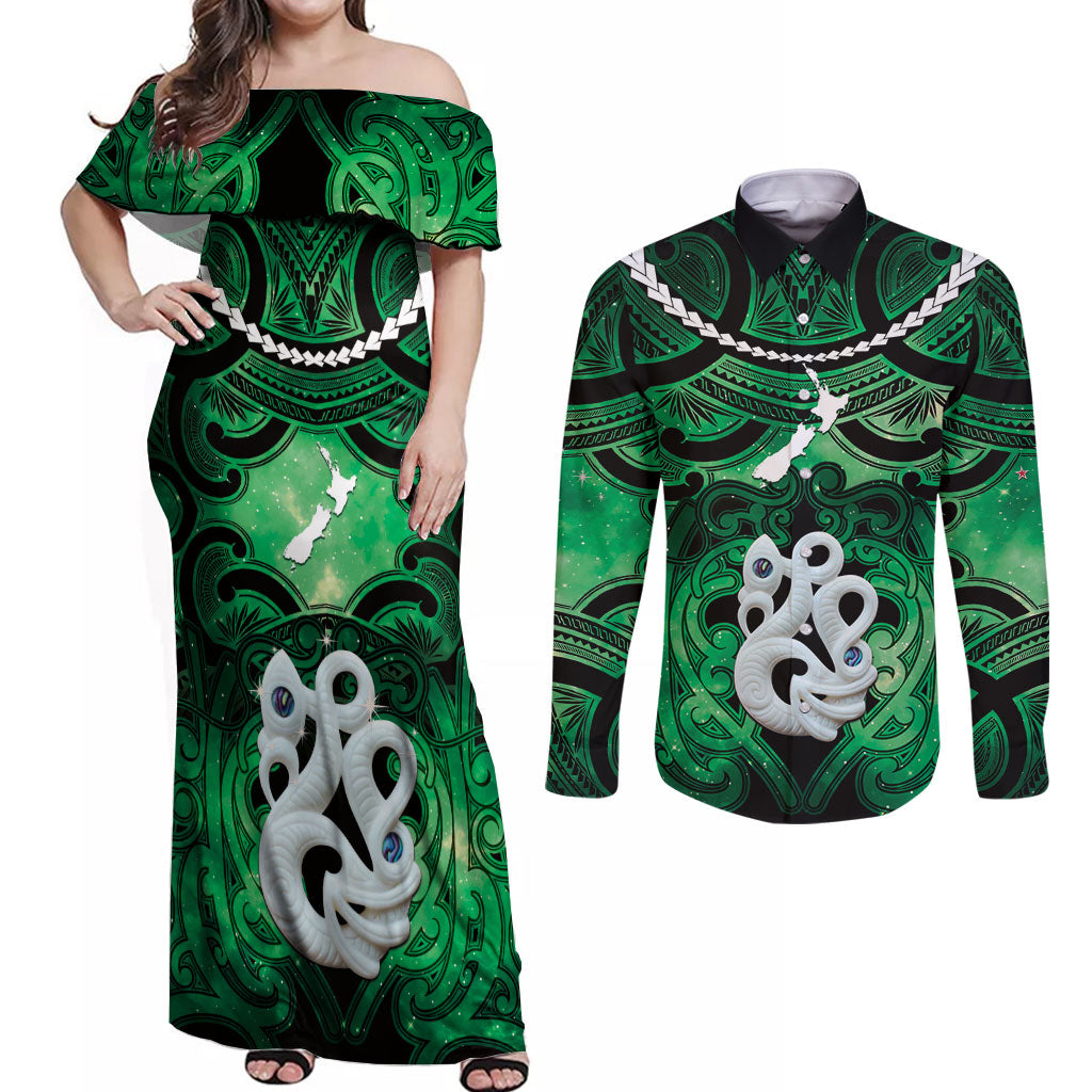 Personalised Maori Matariki Manaia Kakariki Couples Matching Off Shoulder Maxi Dress and Long Sleeve Button Shirt Maori Kowhaiwhai Pattern Galaxy