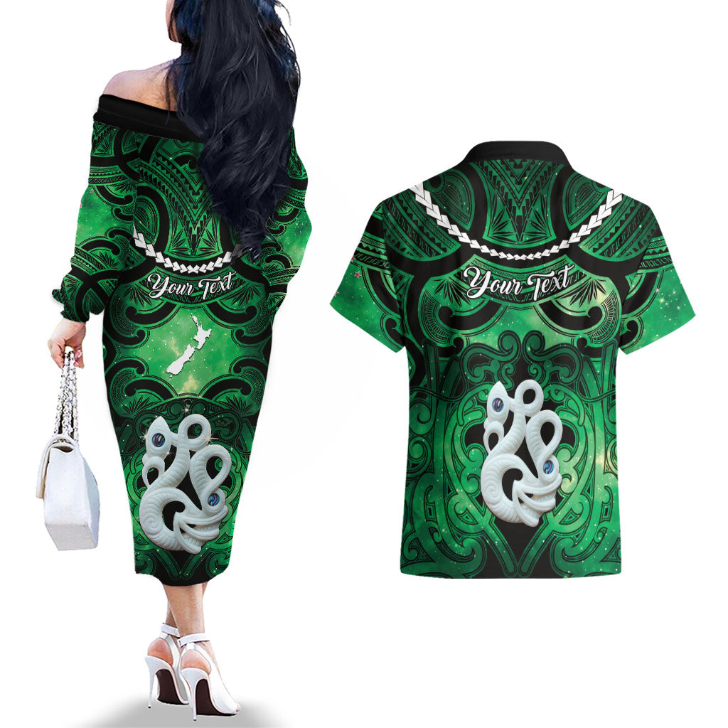 Personalised Maori Matariki Manaia Kakariki Couples Matching Off The Shoulder Long Sleeve Dress and Hawaiian Shirt Maori Kowhaiwhai Pattern Galaxy LT01 - Polynesian Pride