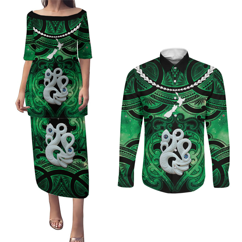 Personalised Maori Matariki Manaia Kakariki Couples Matching Puletasi and Long Sleeve Button Shirt Maori Kowhaiwhai Pattern Galaxy