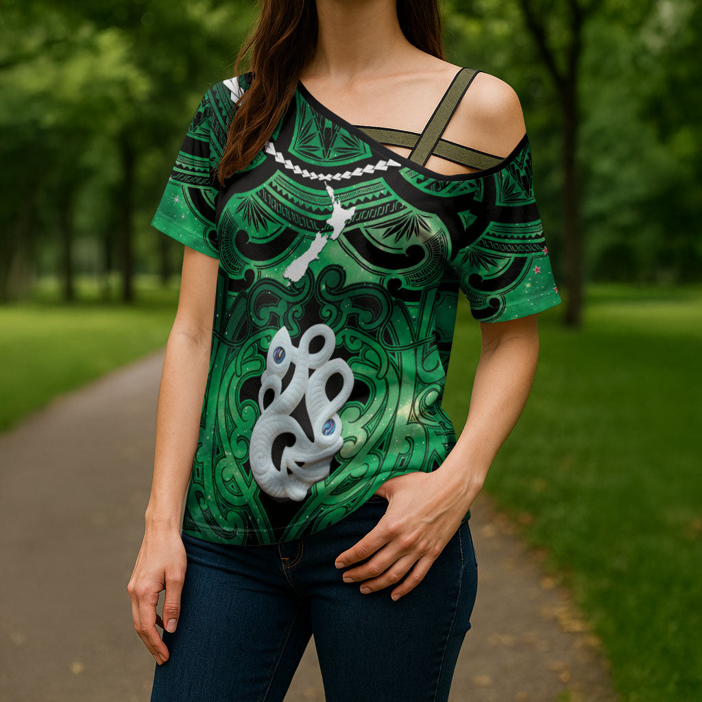 Personalised Maori Matariki Manaia Kakariki Cross Shoulder Shirt Maori Kowhaiwhai Pattern Galaxy