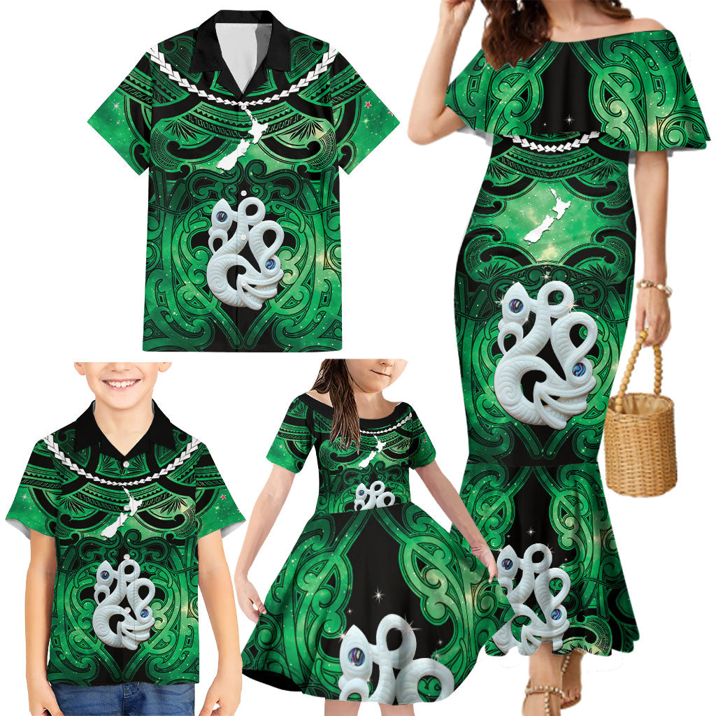 Personalised Maori Matariki Manaia Kakariki Family Matching Mermaid Dress and Hawaiian Shirt Maori Kowhaiwhai Pattern Galaxy LT01 - Polynesian Pride