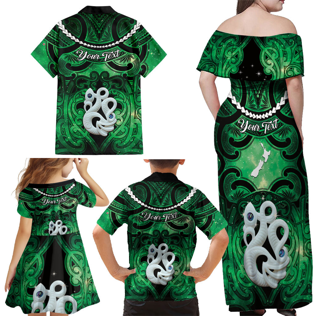 Personalised Maori Matariki Manaia Kakariki Family Matching Off Shoulder Maxi Dress and Hawaiian Shirt Maori Kowhaiwhai Pattern Galaxy LT01 - Polynesian Pride