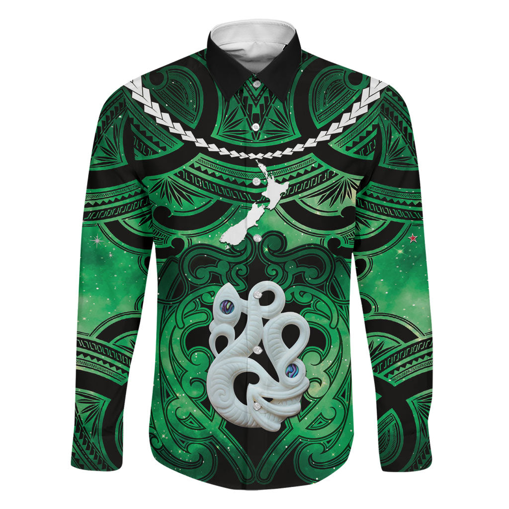 Personalised Maori Matariki Manaia Kakariki Family Matching Off Shoulder Maxi Dress and Hawaiian Shirt Maori Kowhaiwhai Pattern Galaxy LT01 Dad's Shirt - Long Sleeve Green - Polynesian Pride