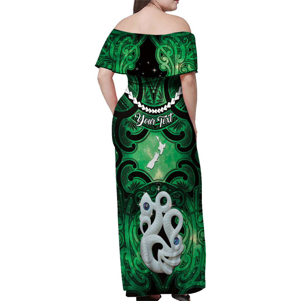 Personalised Maori Matariki Manaia Kakariki Family Matching Off Shoulder Maxi Dress and Hawaiian Shirt Maori Kowhaiwhai Pattern Galaxy LT01 - Polynesian Pride