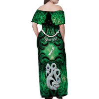 Personalised Maori Matariki Manaia Kakariki Family Matching Off Shoulder Maxi Dress and Hawaiian Shirt Maori Kowhaiwhai Pattern Galaxy LT01 - Polynesian Pride