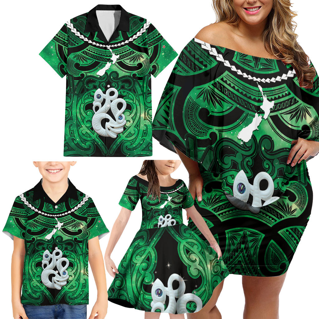 Personalised Maori Matariki Manaia Kakariki Family Matching Off Shoulder Short Dress and Hawaiian Shirt Maori Kowhaiwhai Pattern Galaxy