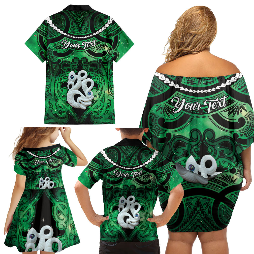 Personalised Maori Matariki Manaia Kakariki Family Matching Off Shoulder Short Dress and Hawaiian Shirt Maori Kowhaiwhai Pattern Galaxy LT01 - Polynesian Pride
