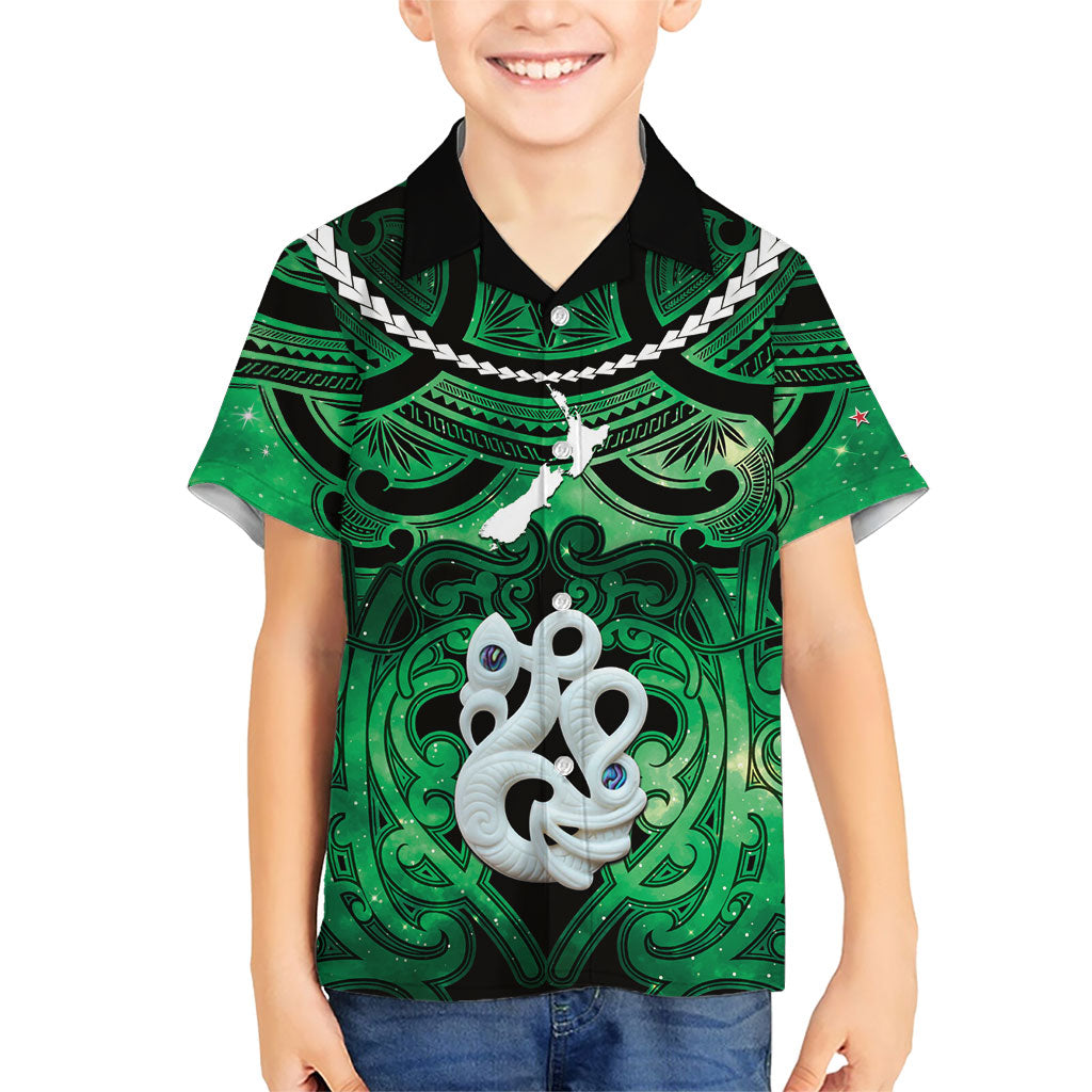 Personalised Maori Matariki Manaia Kakariki Family Matching Puletasi and Hawaiian Shirt Maori Kowhaiwhai Pattern Galaxy LT01 Son's Shirt Green - Polynesian Pride