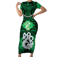 Personalised Maori Matariki Manaia Kakariki Family Matching Short Sleeve Bodycon Dress and Hawaiian Shirt Maori Kowhaiwhai Pattern Galaxy LT01 Mom's Dress Green - Polynesian Pride
