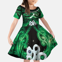Personalised Maori Matariki Manaia Kakariki Family Matching Tank Maxi Dress and Hawaiian Shirt Maori Kowhaiwhai Pattern Galaxy LT01 Daughter's Dress Green - Polynesian Pride