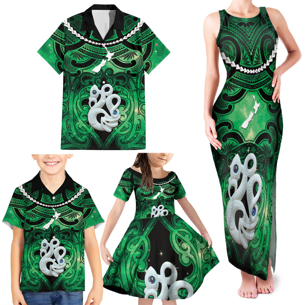 Personalised Maori Matariki Manaia Kakariki Family Matching Tank Maxi Dress and Hawaiian Shirt Maori Kowhaiwhai Pattern Galaxy