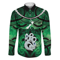 Personalised Maori Matariki Manaia Kakariki Family Matching Tank Maxi Dress and Hawaiian Shirt Maori Kowhaiwhai Pattern Galaxy LT01 Dad's Shirt - Long Sleeve Green - Polynesian Pride